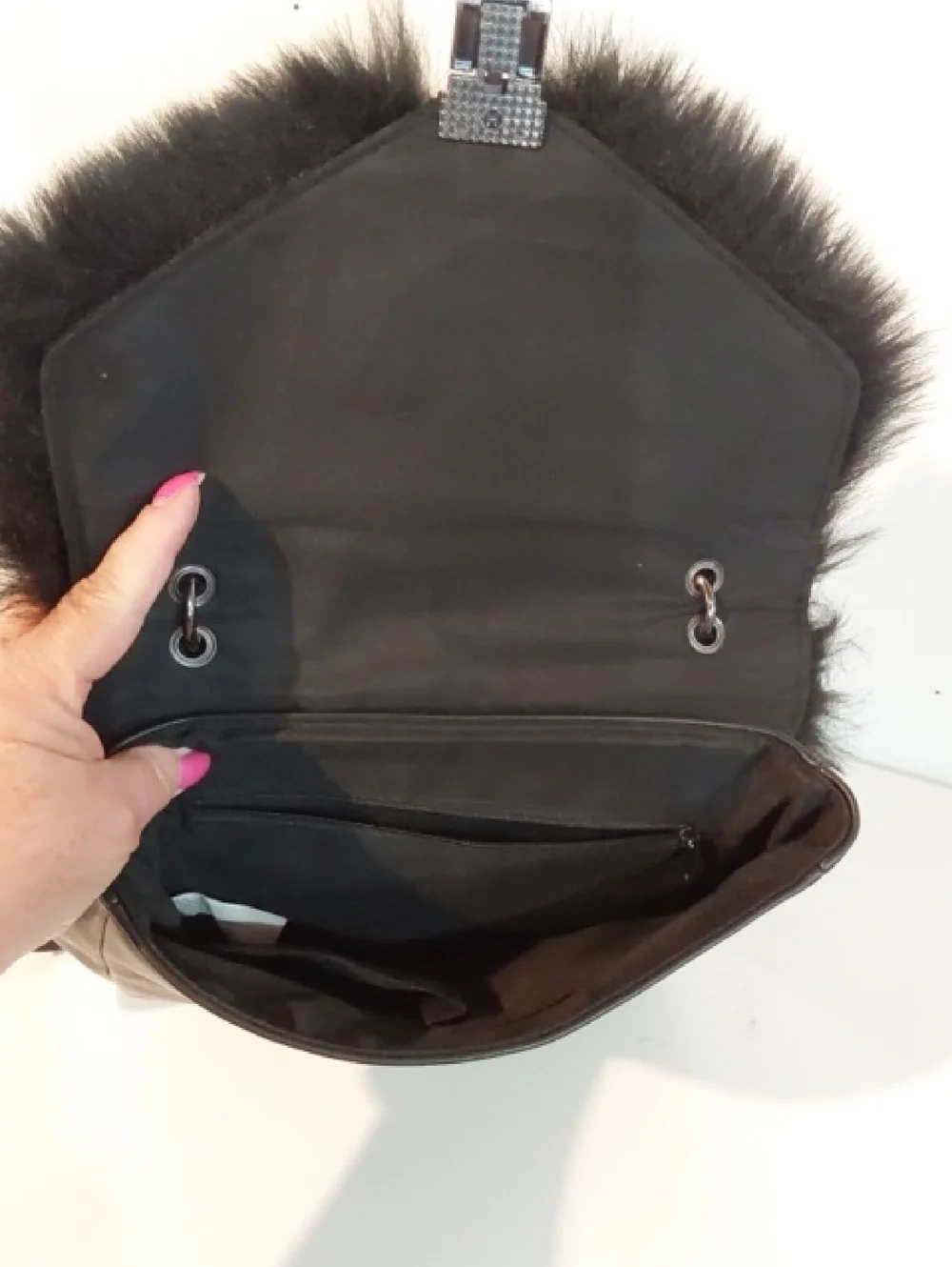 True Vibe| Womens  Boxy Black Faux Fur Flap Vinyl Backpack Trendy Sleek Medium